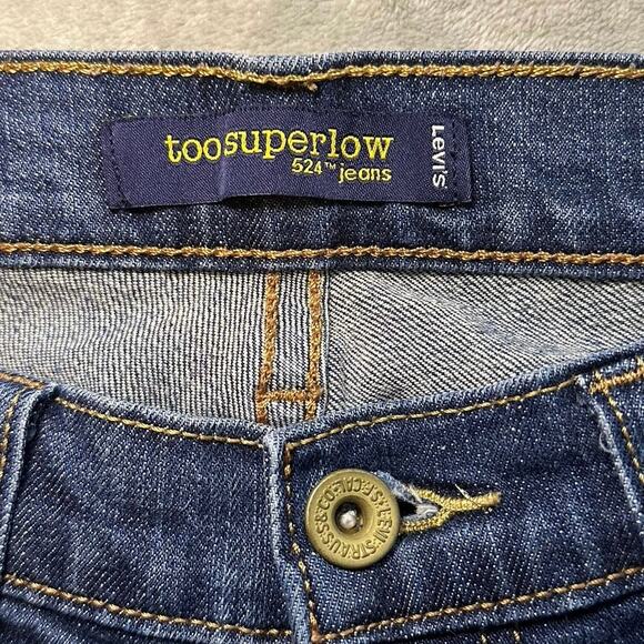 Levi’s 524 Too Superlow Jeans Women 3M Blue Stretch Dark Wash Denim Distressed - Picture 12 of 15